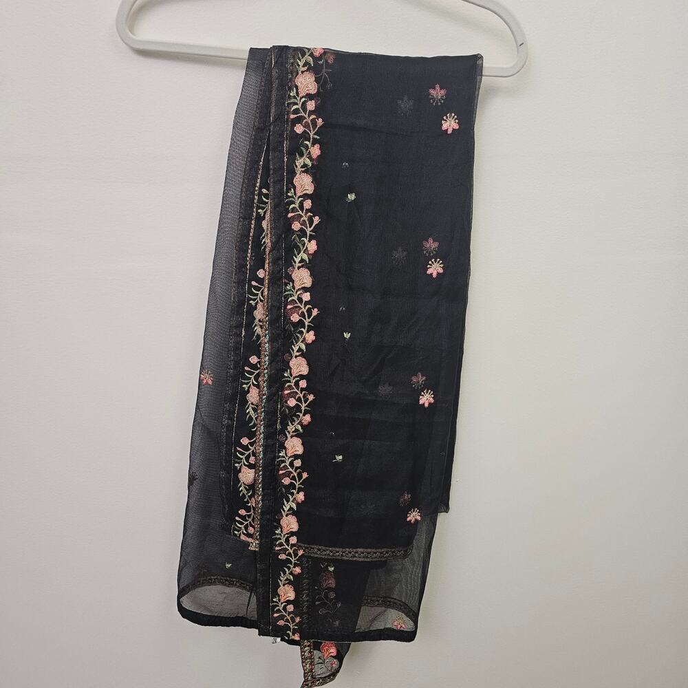 Posh Pakistani Kurta Set Embroidered Kaftan Dupatta Size M Black Floral Eid - Picture 9 of 9